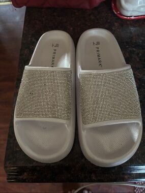 Primark White Slide Sandals with Sparkling Crystal Strap